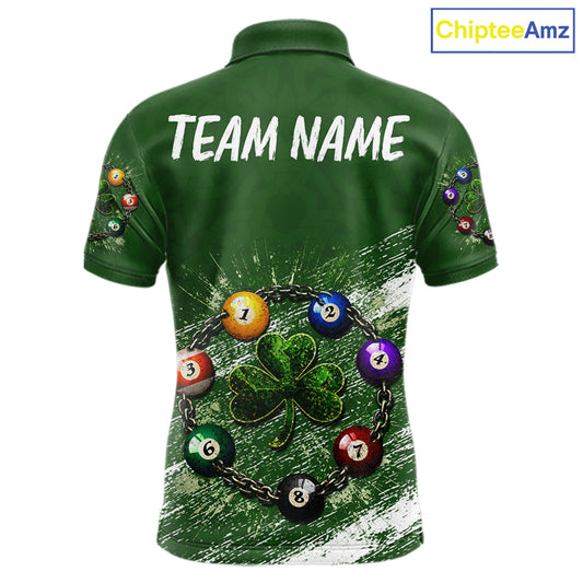 White Green Grunge Shamrock 8 Ball Men Billiards Shirt Personalized St Patrick's Day Pool Balls Shirt NYN2678
