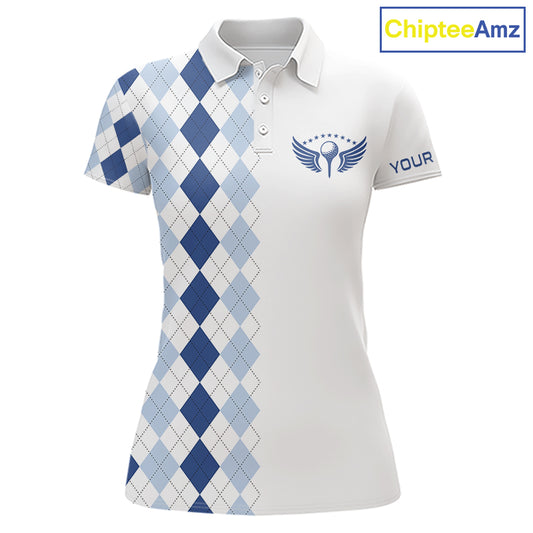 Womens Blue Argyle Pattern Golf Shirts Argyle Golf Clothing Custom Blue Golf Polo, Best Golf Gifts NYN3051