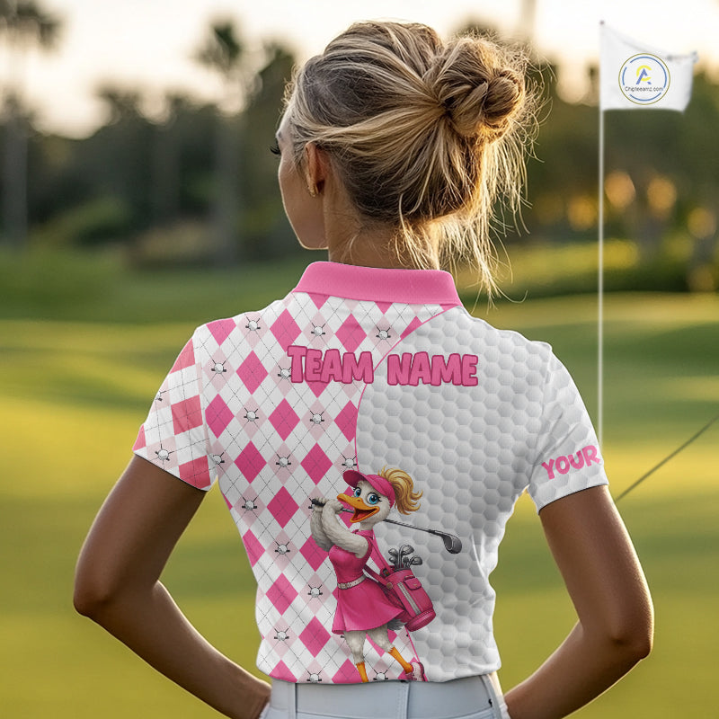 Custom Pink Argyle Golf Polo Shirts For Women Funny Duck Golfer Best Golf Clothing Shirts NYN3055