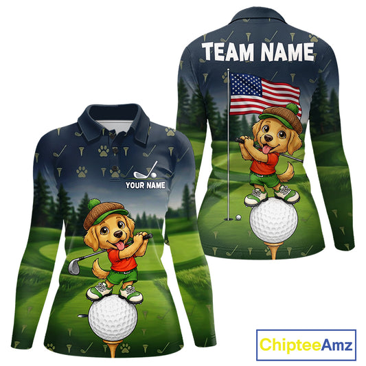 Women's American Flag Golden Retriever golf polo shirt mockup patriotic golf team outfit