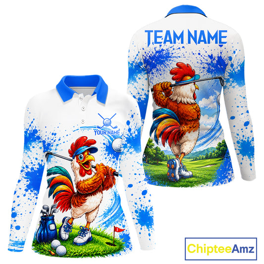 Women's funny rooster golfer golf polo shirt mockup blue splatter golf apparel
