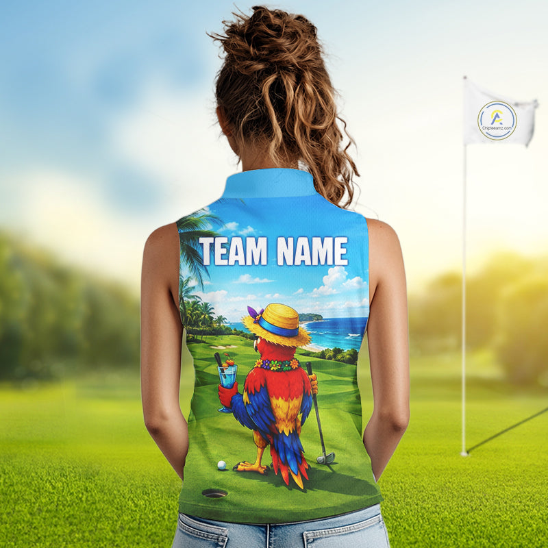 Woman wearing tropical parrot golf sleeveless polo shirt during summer golf outing