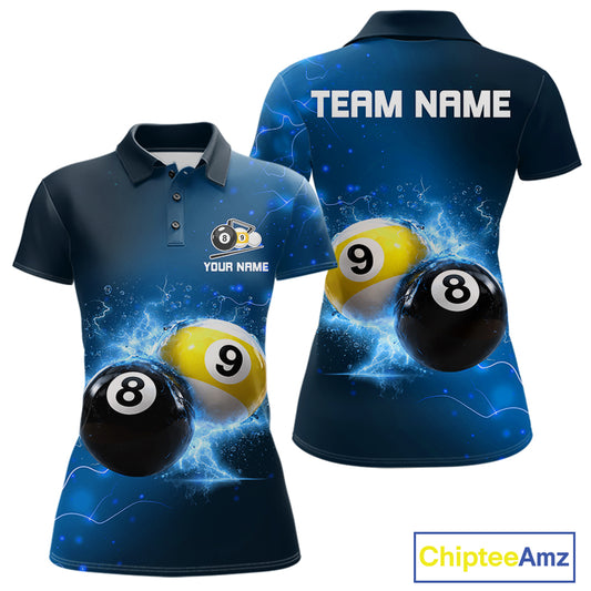 Custom 8 Ball & 9 Ball Womens Billiard Shirt Personalized Thunder Blue Billiard Tournament Jerseys NYN3777