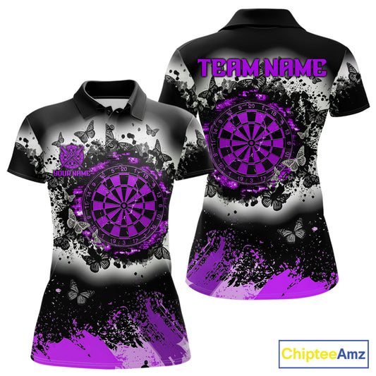 Women's white purple black grunge butterfly dart polo shirt mockup custom dart team jersey