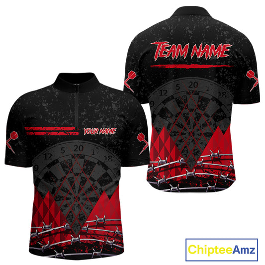 Barbed Wire & Grunge Dartboard Red Darts Shirt For Men - Custom Name For Players NYN0548