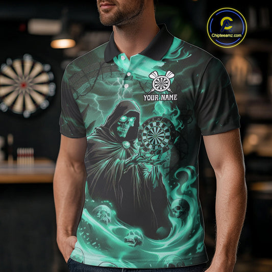 Custom Turquoise Grim Reaper Fire Flames Dart Men Polo Jerseys Outfits Skull Dart Shirt NYN1684