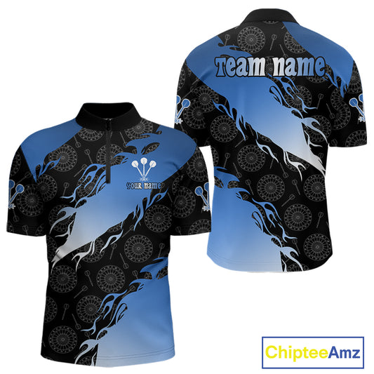 Custom Men's Darts Shirt With Cobalt Flames & Black Dartboard Pattern, Darts Jersey NYN0291