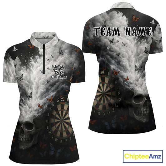 Custom White Smokes Skull Dartboard Women Dart 1/4-Zip Shirt Butterfly Dart Jerseys NYN2708