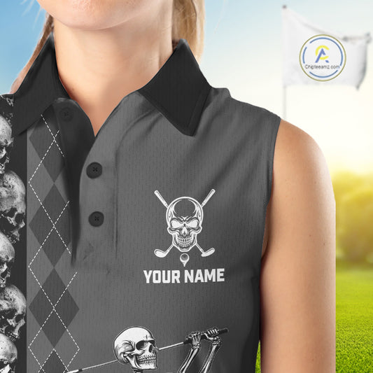 Women's model wearing Grey Skeleton Golf Polo Shirt, oversized skull golf apparel, Halloween golf fashion, matching golf team outfit, personalized golf clothing.