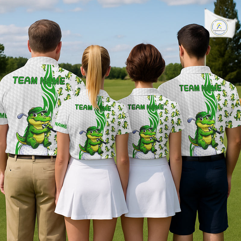 Golf team wearing Funny Alligator Golf Polo Shirts, custom golf uniforms, wildlife mascot golf apparel, golf outing jerseys, personalized golf tournament clothing.