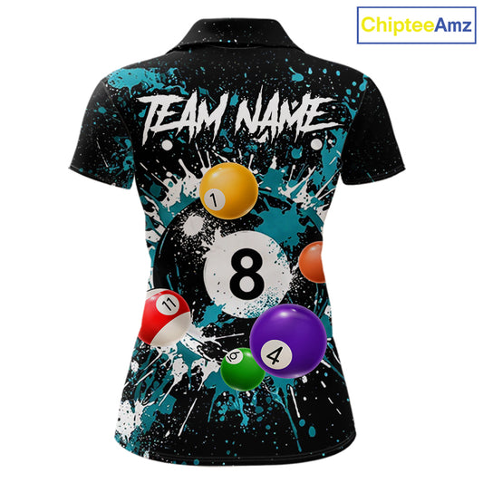 Black And Teal 8 Ball Pool Women Billiard Shirt Personalized Splatter Paint Billiard Jersey For Pooler NYN3088