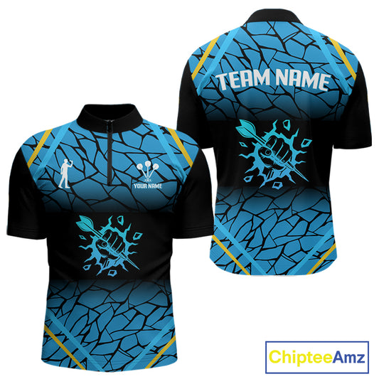 Men’s Custom Darts Shirt With Blue Cracked Pattern And Fist Holding Dart Arrow NYN0311