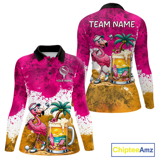Yellow - Pink Grunge Womens Golf Polo Shirt Custom Flamingo Summer Tropical Golf Team Clothing NYN3263
