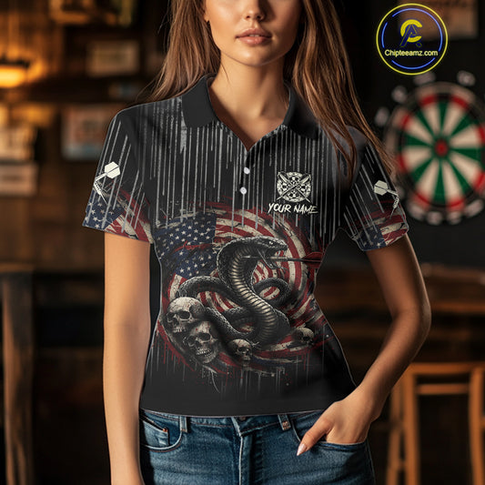 Custom US Flag Cobra Skull Swirl Vintage Women Darts Polo Shirt Retro Dart Jersey Gifts NYN1988