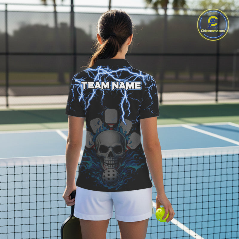 Custom Thunder Blue Flaming Skull Paddle & Ball Pickleball Jerseys Women Pickleball Shirts NYN2229
