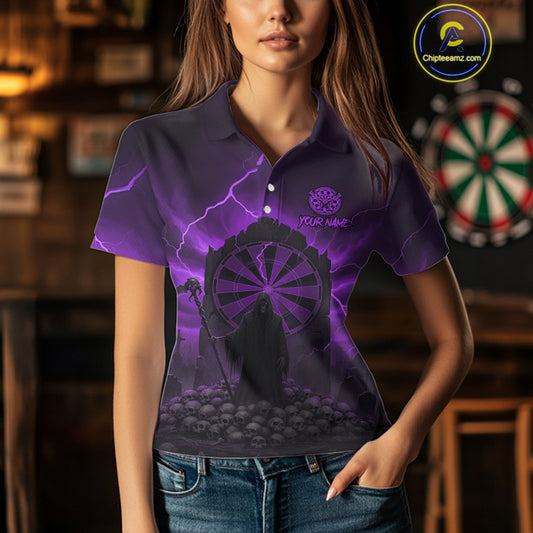 Custom Multi-Skull Lightning Purple Dartboard Dart Women Polo Jerseys Grim Reaper Dart Shirts NYN1737
