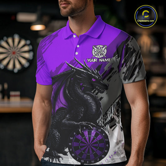 Purple Grunge Dragon Dartboard Custom Men Darts Polo League Shirts Dragon Dart Jerseys NYN2238