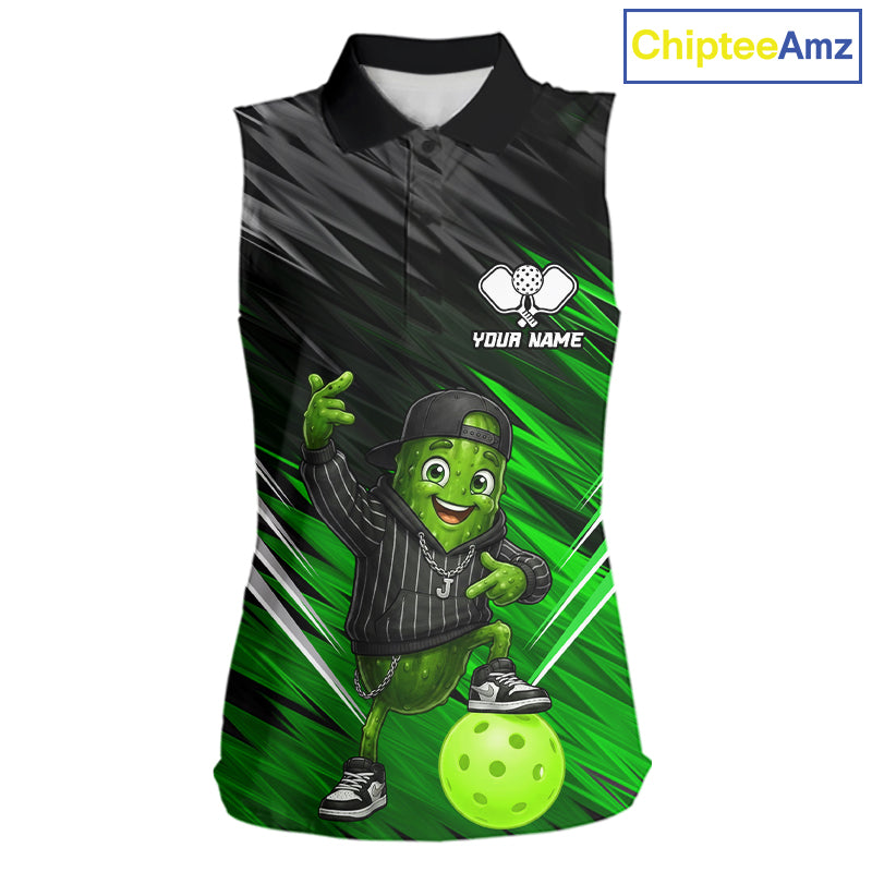 Green & Black Funny Pickle Hip-Hop Women's Pickleball Sleeveless Polo, Personalized Streetwear Pickle Polo, Urban Athletic Apparel, Fun Paddle Sports Fashion