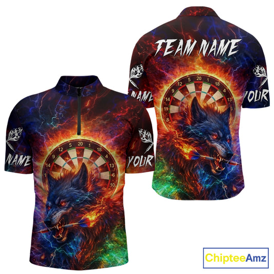 Colorful Lightning Funny Wolf Flame Dartboard Men Darts 1/4-Zip Shirt Custom Outfits Dart Jerseys NYN2540