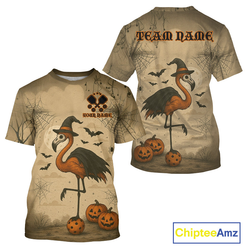 Custom Halloween Pickleball T-Shirt For Men Flamingo Funny Halloween Pickleball Shirts NYN1193