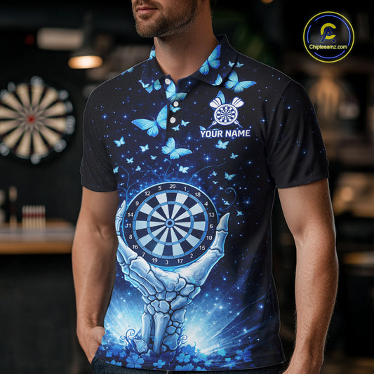 Blue Light Butterflies Skull Dartboard Custom Men Darts Polo Shirts Dart League Jerseys NYN2263