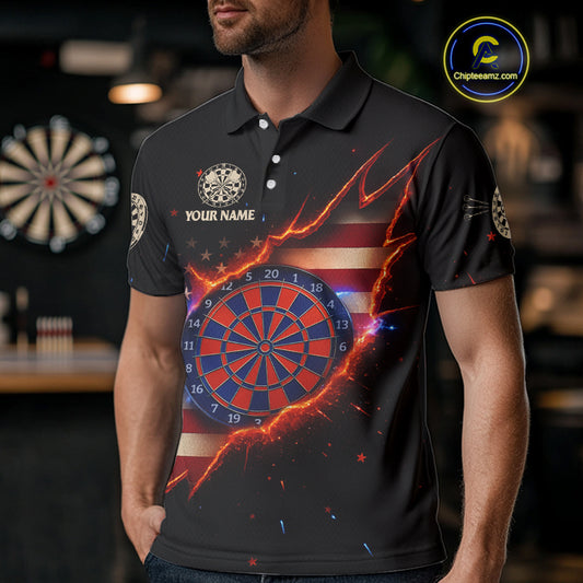 Fire American Flag Darts Polo Shirt For Men Custom Name & Team Patriotic Dart League Shirt NYN2053
