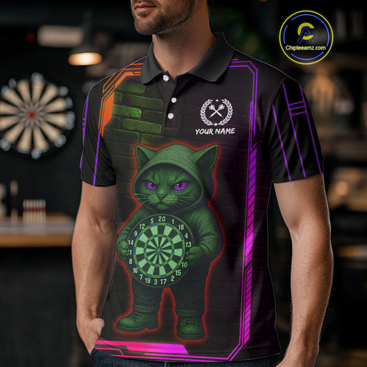 Lightning Cat Tech Purple & Blue Neon Dartboard Men's Dart Polo Shirt Funny Dart Jerseys NYN1793