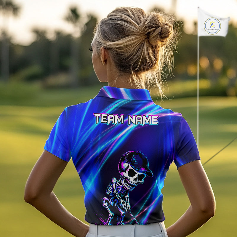 Female golfer wearing skeleton golf polo with glowing neon artwork, unique ladies golf apparel expressing confidence and individuality.