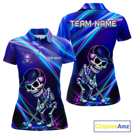 Women's golf polo with neon skull graphics, bold custom golf apparel for Halloween golf tournaments, alternative fashion and golf team uniforms.