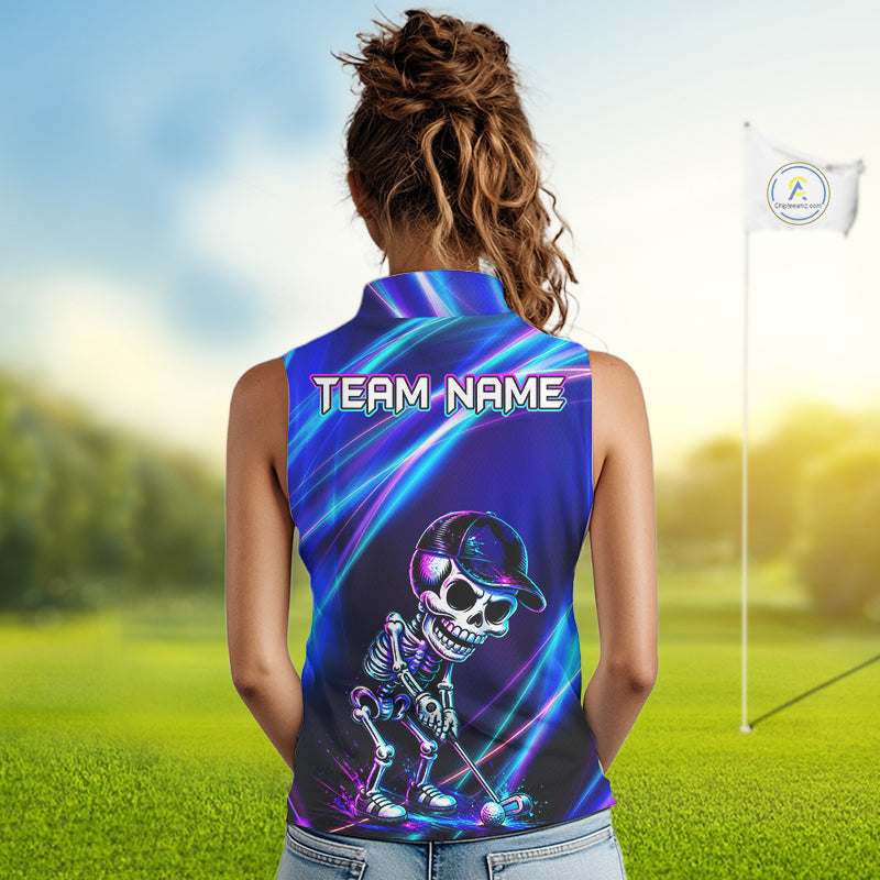 Female golfer wearing skeleton golf polo with glowing neon artwork, unique ladies golf apparel expressing confidence and individuality.