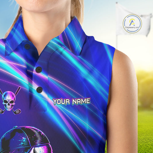 Female golfer wearing skeleton golf polo with glowing neon artwork, unique ladies golf apparel expressing confidence and individuality.
