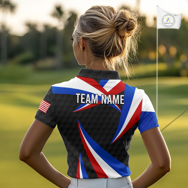Female golfer wearing personalized black patriotic golf polo, elegant golf apparel for ladies golf clubs, Memorial Day events and Independence Day tournaments.