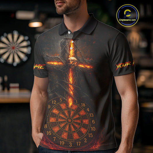 Custom Flames Skull Dartboard Halloween Polo Dart Shirt For Men Outfits Dart Team Jersey NYN0871