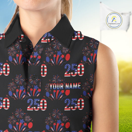 USA 250th anniversary womens golf sleeveless polo shirt patriotic black golf top