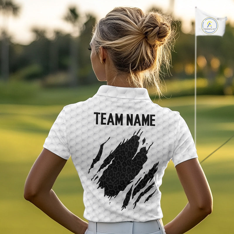 Black Leopard Pattern Womens Golf Polo Shirt Custom White Golf Ball Pattern Golf Team Outfits NYN3393