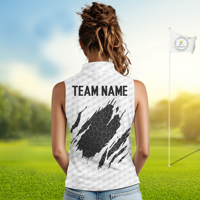 Black Leopard Pattern Womens Golf Sleeveless Polo Shirt Custom White Golf Ball Golf Team Outfits NYN3393