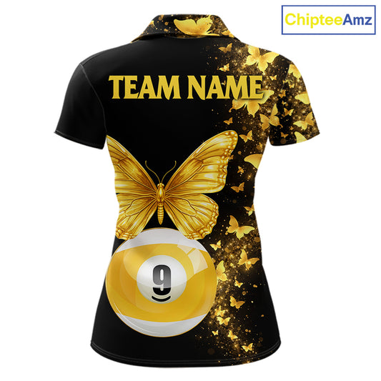Women's billiard polo with black gold butterfly artwork and billiard ball graphics, premium custom jersey for stylish league players, luxury sportswear fans and tournament competition.