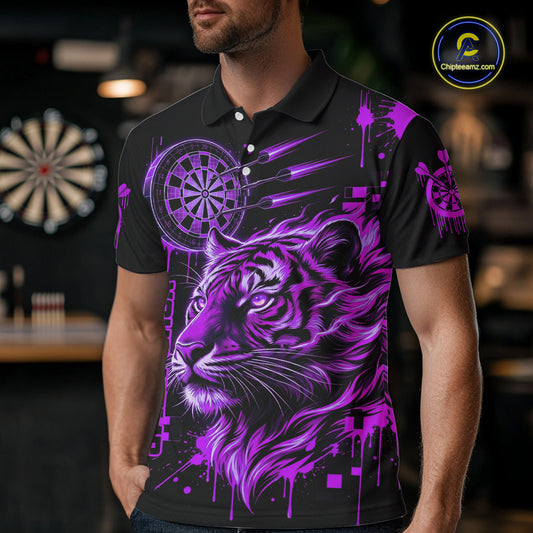 Purple Neon Tiger Lightning Dartboard Men Dart Polo Shirts Custom Name & Team Dart Jerseys NYN2099