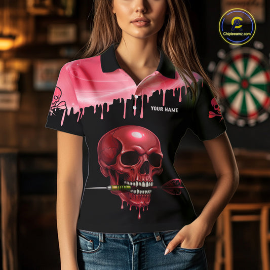 Custom Holographic Red Skull Darts Shirt Polo For Women Light Skull Dart League Jerseys NYN2110