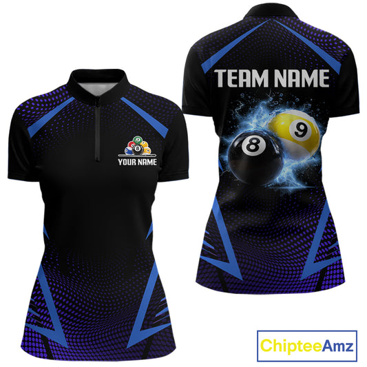 Custom 8 Ball & 9 Ball Women's Billiard Shirt Personalized Thunder Blue Billiard Team Shirt NYN2336