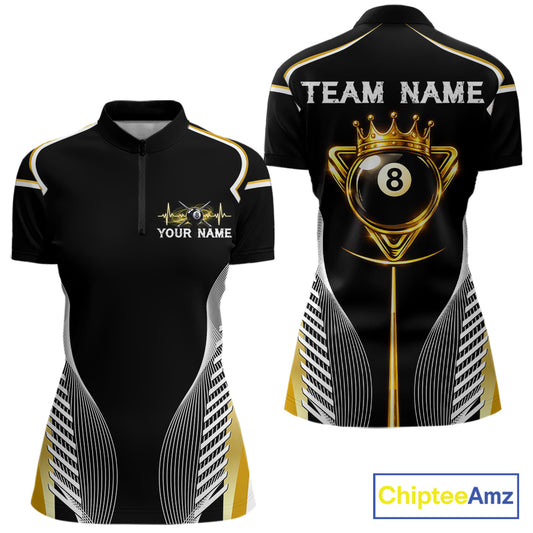 Black & Gold 8 Ball Pool Crown Women Billiard Team Shirt Custom Billiards Balls & Cue Gifts NYN2394