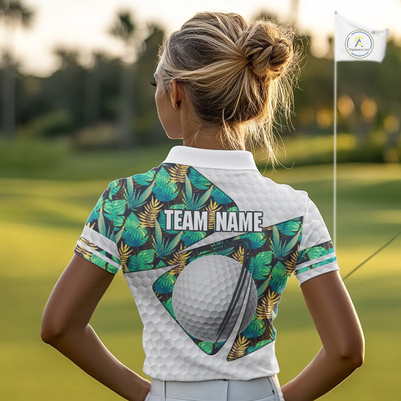 Custom Name Green Tropical Pattern Golf Women Polo Shirt, Best White Ball Golf Clothing For Women NYN2992