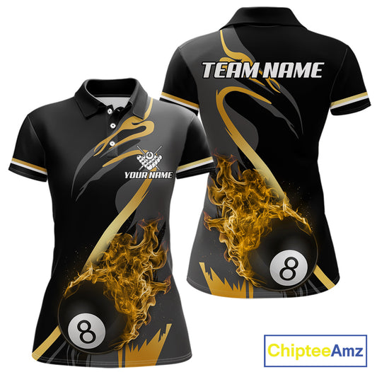 Yellow Black Fire Flame 8 Ball Pool Shirt For Women Personalized Billiard Team Apparel