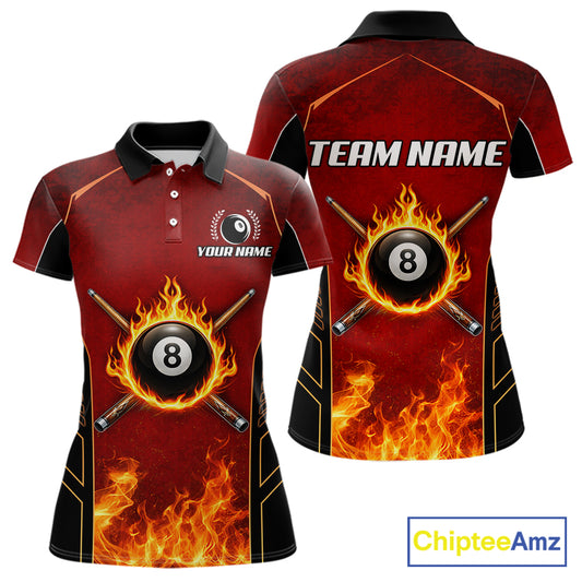 Red Billiard 8 Ball Cue Shirts For Women Custom Fire Flame Pool Team Billiard Polo & 1/4 Zip Jerseys NYN3016