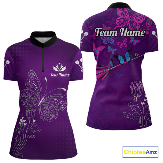 Purple Butterflies Dart Arrow Women's Darts Shirt - Custom Name For Darts Jersey NYN0476