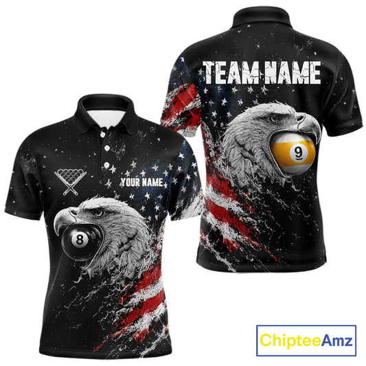 Custom US Flag Eagle men's 8 Ball & 9 Ball billiard polo featuring patriotic eagle artwork, personalized pool tournament jersey, APA league cue sports apparel, championship team uniform, breathable performance sportswear