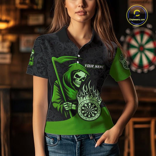 Custom Green Grim Reaper Flame Dartboard Dart Polo Jerseys For Women Dart Shirt Gifts NYN1647