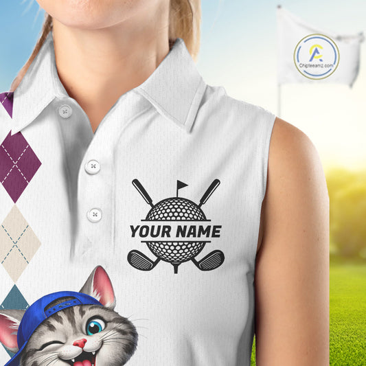 Womens Colorful Argyle Golf Shirts Custom Cat Golfer Golf Sleeveless Polo Jersey, Best Golf Gifts NYN3052