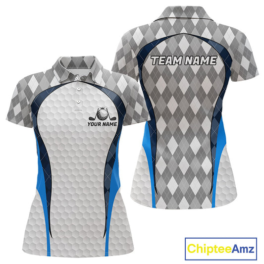 Blue And Grey Argyle Polo Golf Shirts For Women Custom White Ball Golf Team Attire For Golfers NYN3058
