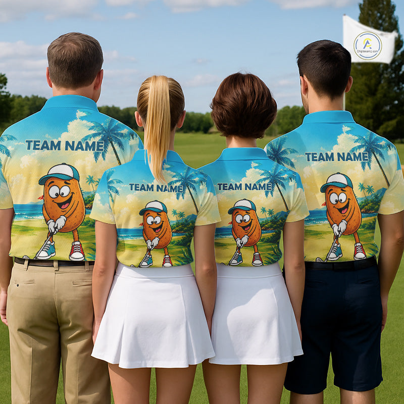 Men's golf team wearing funny potato golf polo shirts matching golf outfits